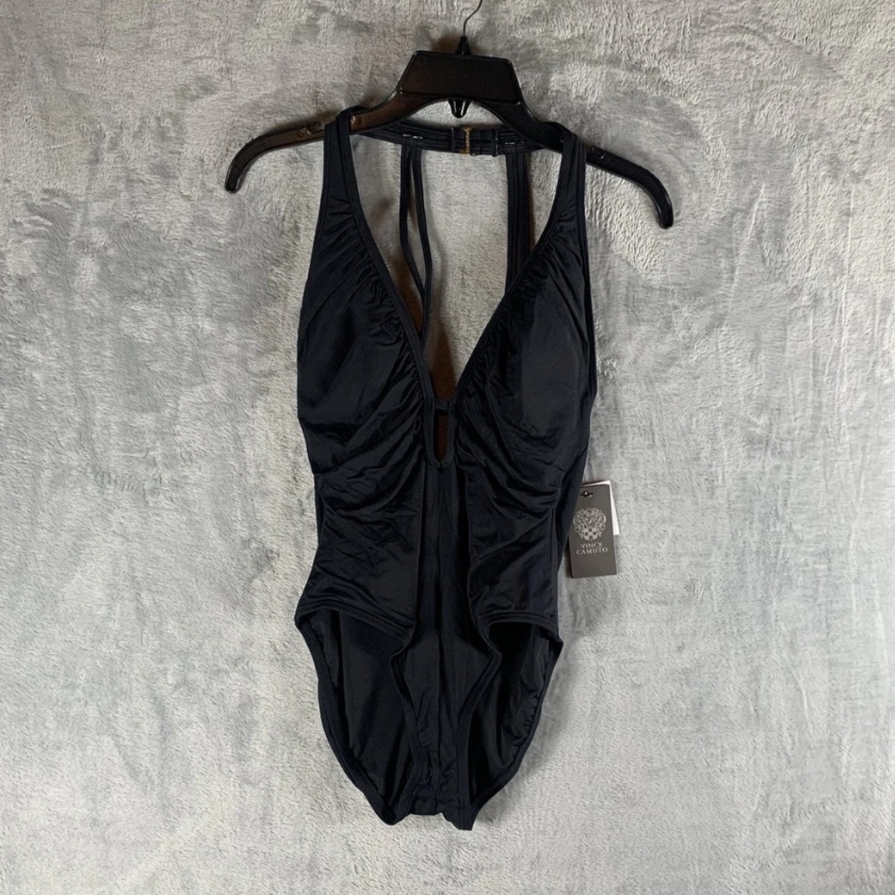 NWT Vince Camuto Swimsuit Womens 8 One Piece Plunge Black Strappy Back